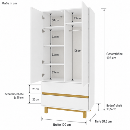 Maße VILHA Kinderkleiderschrank: 100 cm breit, 196 cm hoch, 50,5 cm tief mit Regalfächern, Kleiderstange und 2 Schubladen