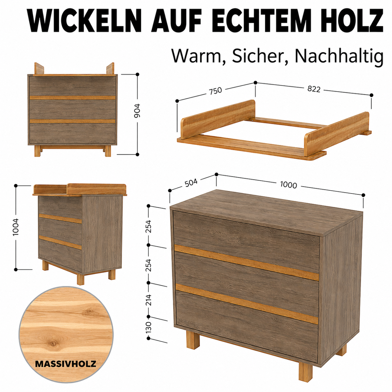 Maße der VILHA Wickelkommode Dunkelhickory mit abnehmbarem Wickelaufsatz und Massivholzelementen