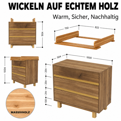 Maße der VILHA Wickelkommode Eiche Castello mit Wickelaufsatz, drei Schubladen und Massivholz-Elementen