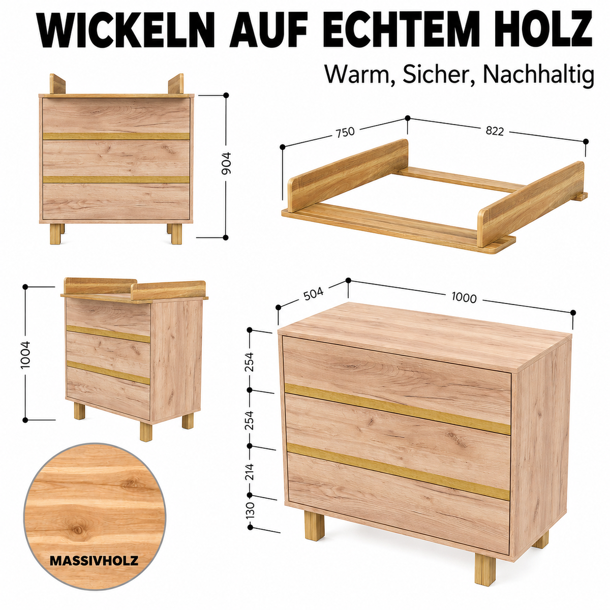 Maße der VILHA Wickelkommode Eiche Kraft mit Wickelaufsatz – 100 cm breit, drei Schubladen und Massivholzelemente