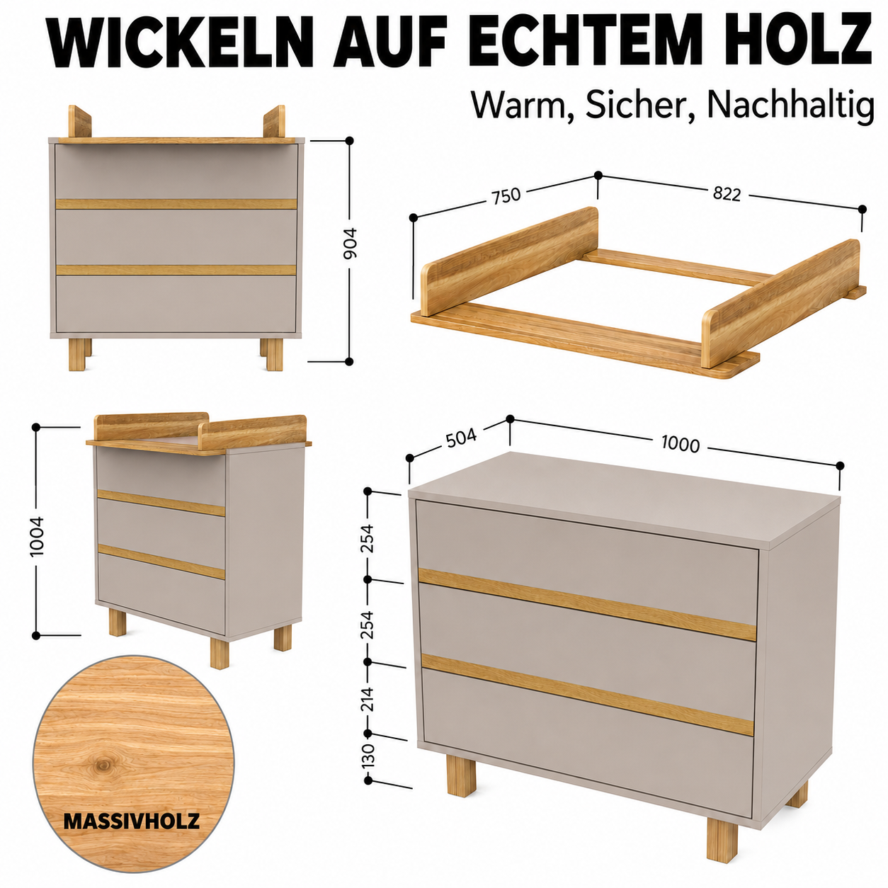 Maße der VILHA Wickelkommode Lehmgrau mit Massivholz-Wickelaufsatz, 100 cm breiter Kommode und komfortabler Wickelhöhe