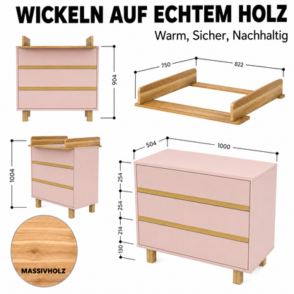 Maße der VILHA Wickelkommode Puderrosa: 100 cm breit, 50,4 cm tief, mit abnehmbarem Wickelaufsatz aus Massivholz