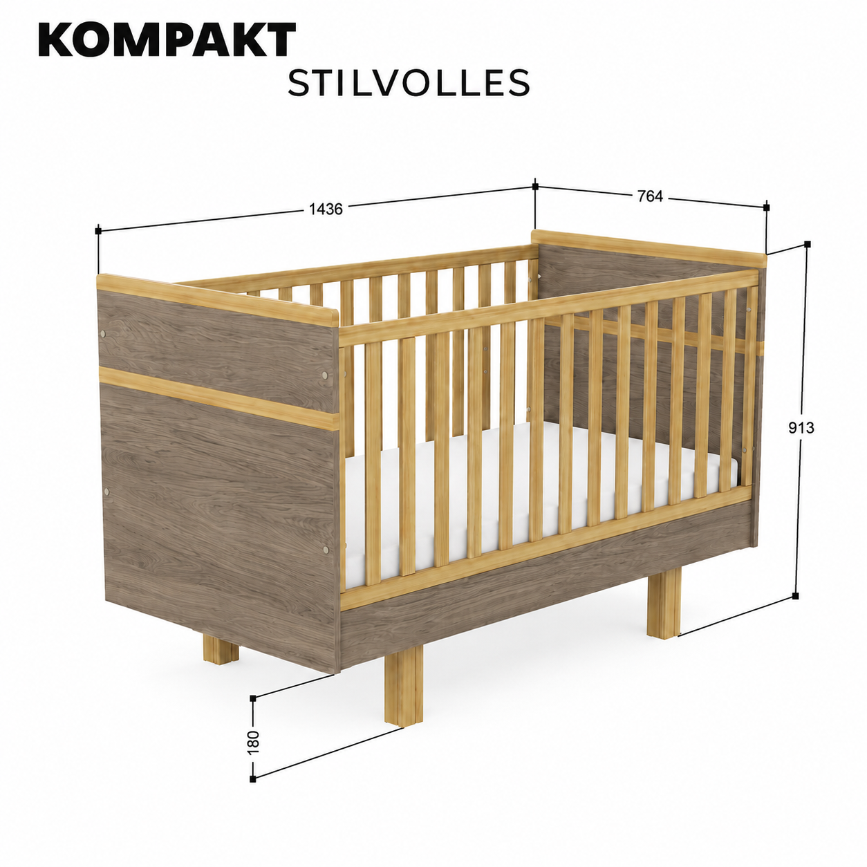Maße des VILHA Babybetts 70x140 Dunkelhickory mit Naturholzstäben und erhöhten Massivholzfüßen