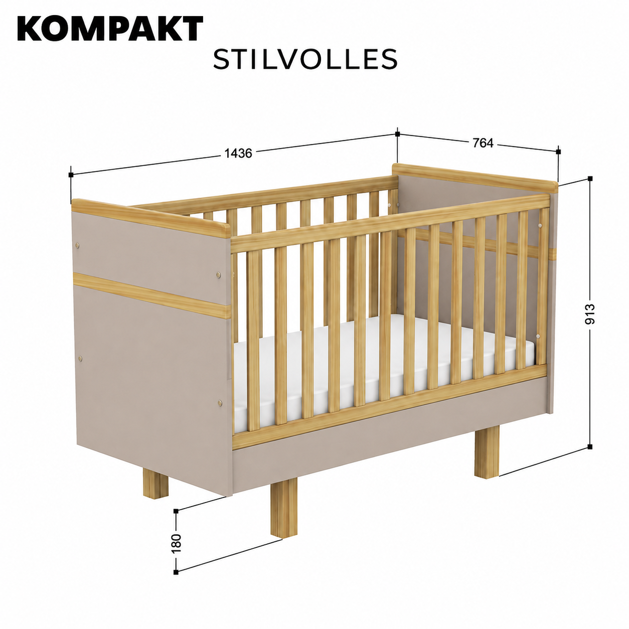 Maße des VILHA Babybetts 70x140 cm in Lehmgrau und Naturholz – kompaktes Babybett mit Außenmaßen 143,6 x 76,4 cm