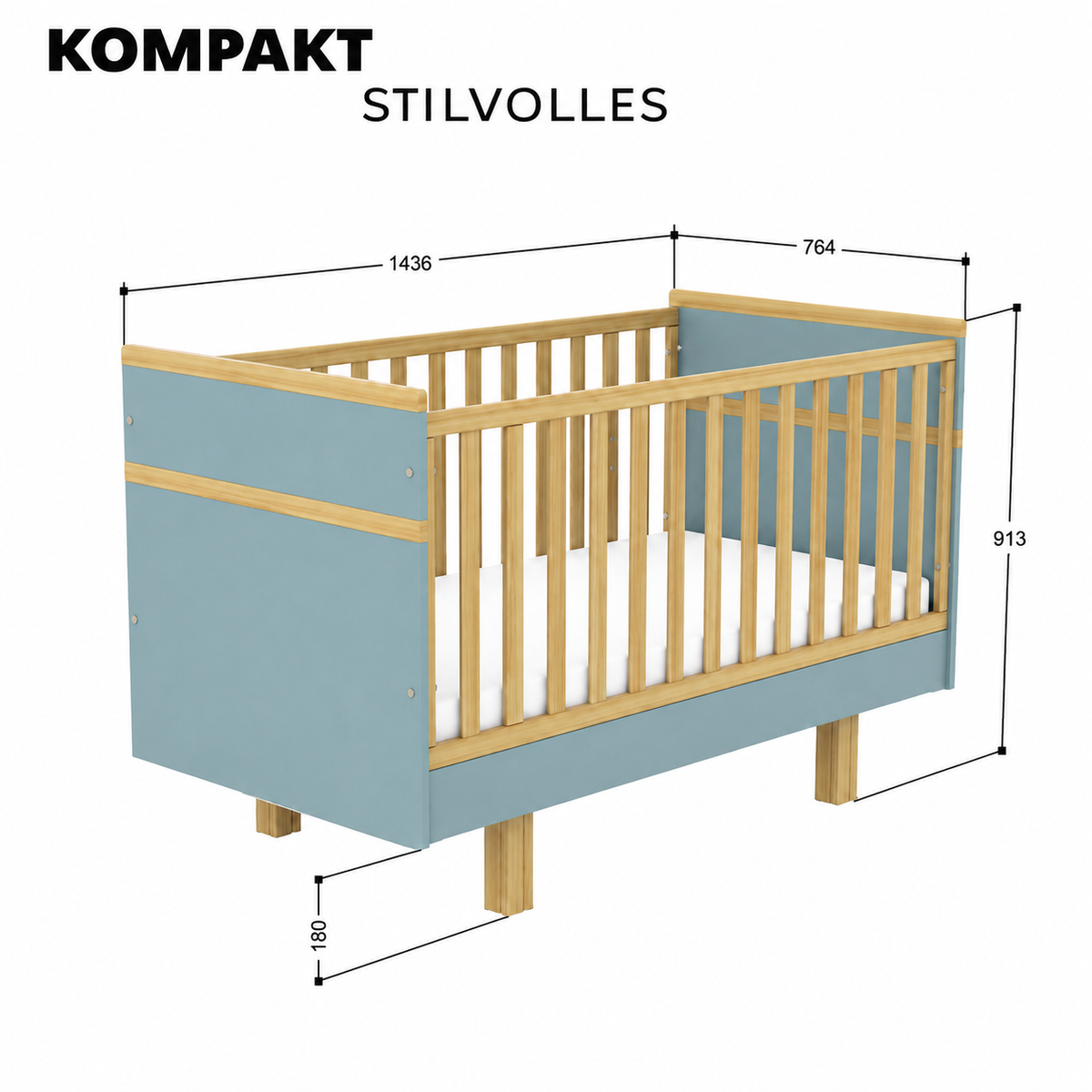 Maße des VILHA Babybetts 70x140 in Dämmerblau – Außenmaß 1436 x 764 x 913 mm mit 180 mm hohen Holzfüßen