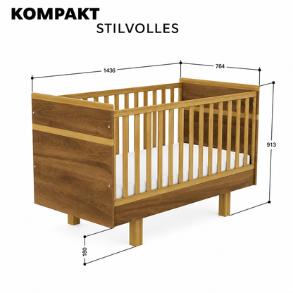 Maße des VILHA Babybetts 70x140 in Eiche Castello – 143,6 cm lang, 76,4 cm breit und 91,3 cm hoch