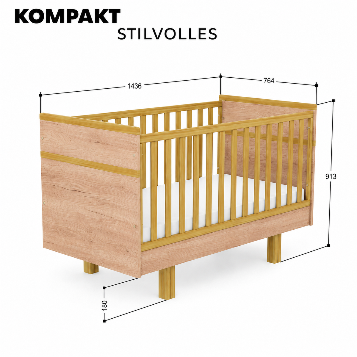 Maße des VILHA Babybetts 70x140 in Eiche Kraft – kompaktes Gitterbett mit 143,6 cm Länge und 76,4 cm Breite
