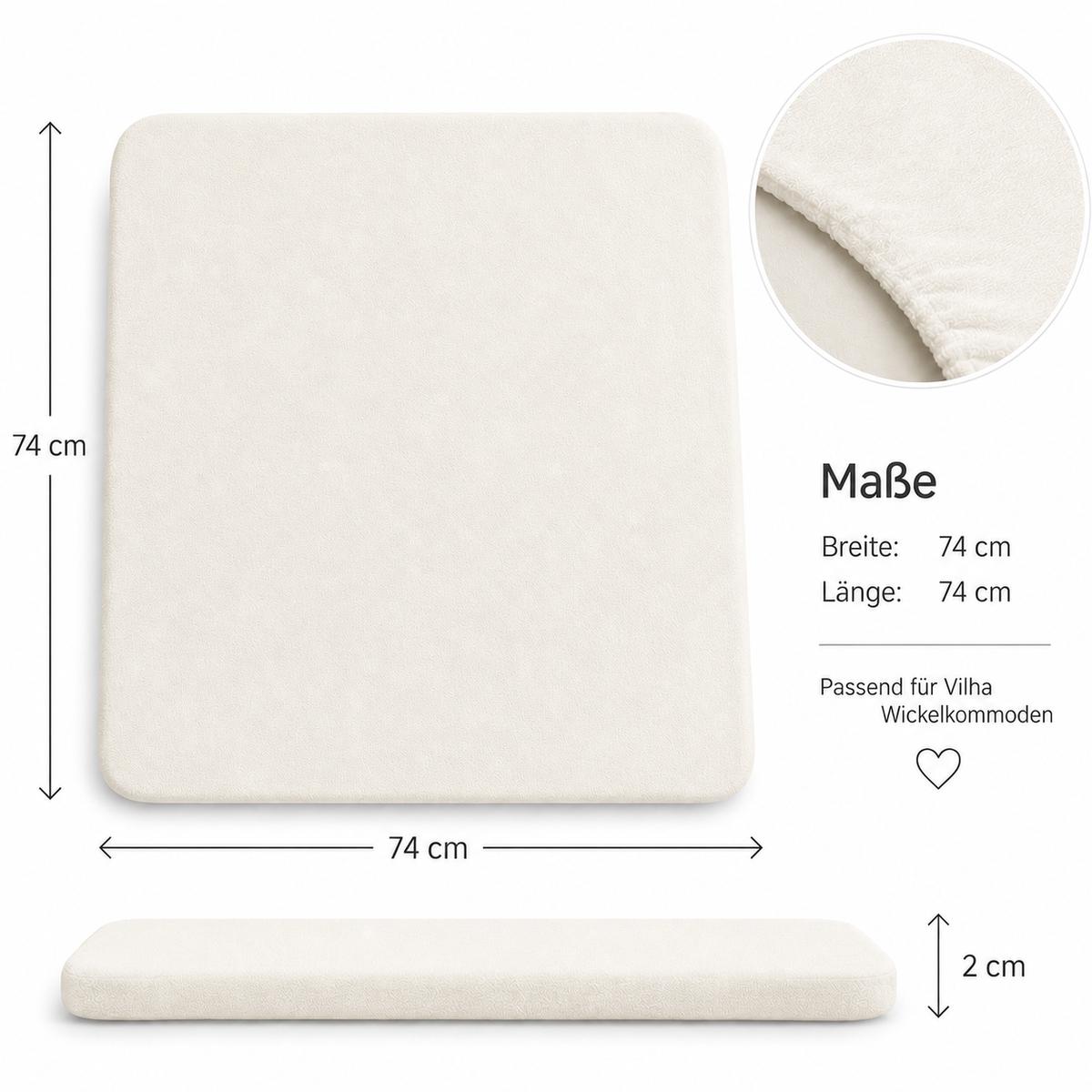 Milchweißer Spannbezug für Wickelauflage in 74 x 74 cm mit elastischer Passform für die VILHA Wickelauflage