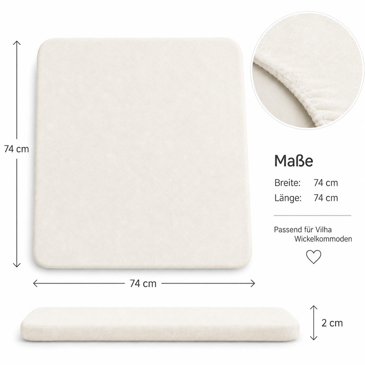 Milchweißer Spannbezug für Wickelauflage in 74 x 74 cm mit elastischer Passform für die VILHA Wickelauflage