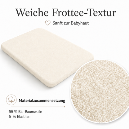 Milchweißer Wickelauflagenbezug mit weicher Frottee-Textur aus 95 Prozent Baumwolle und 5 Prozent Elasthan