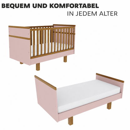 Mitwachsendes Babybett 70x140 in Puderrosa – vom geschlossenen Gitterbett zum offenen Kinderbett umbaubar