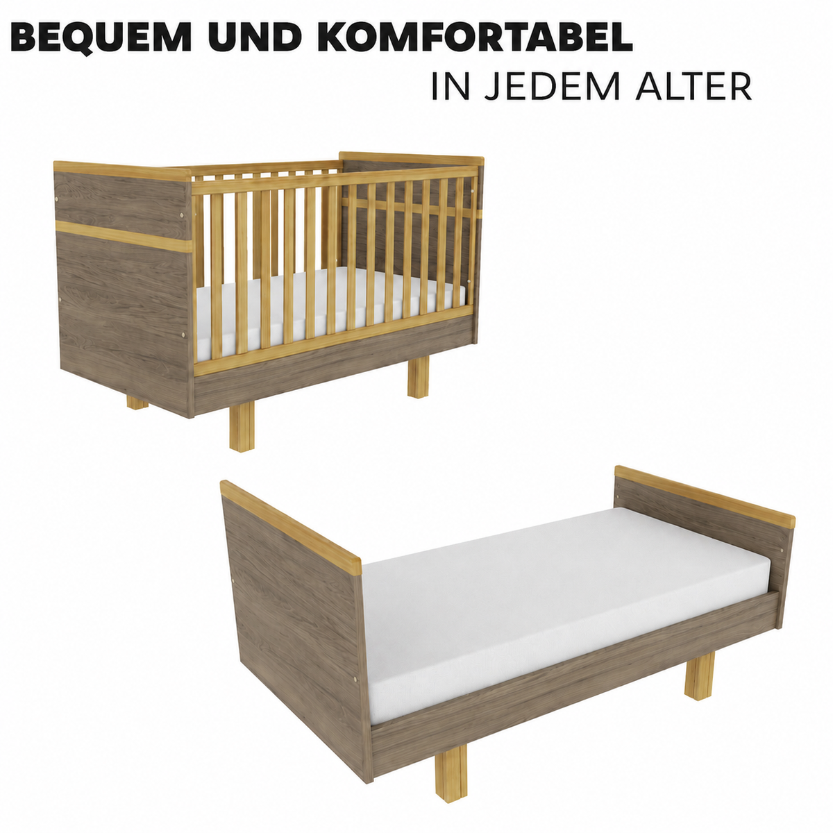 Mitwachsendes VILHA Babybett 70x140 Dunkelhickory als Gitterbett und später als offenes Kinderbett nutzbar