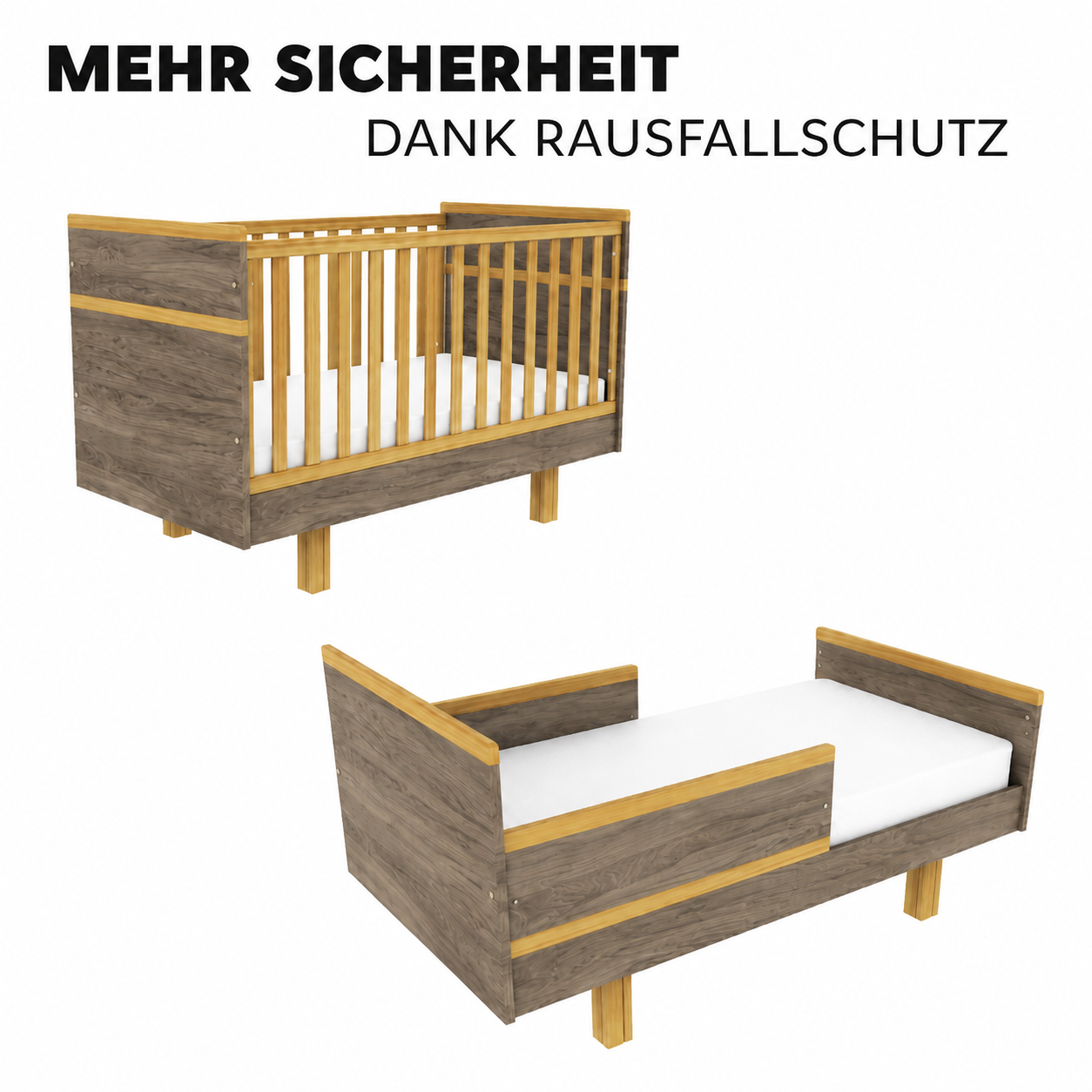 Mitwachsendes VILHA Babybett 70x140 Dunkelhickory mit Rausfallschutz für den Umbau zum Kinderbett