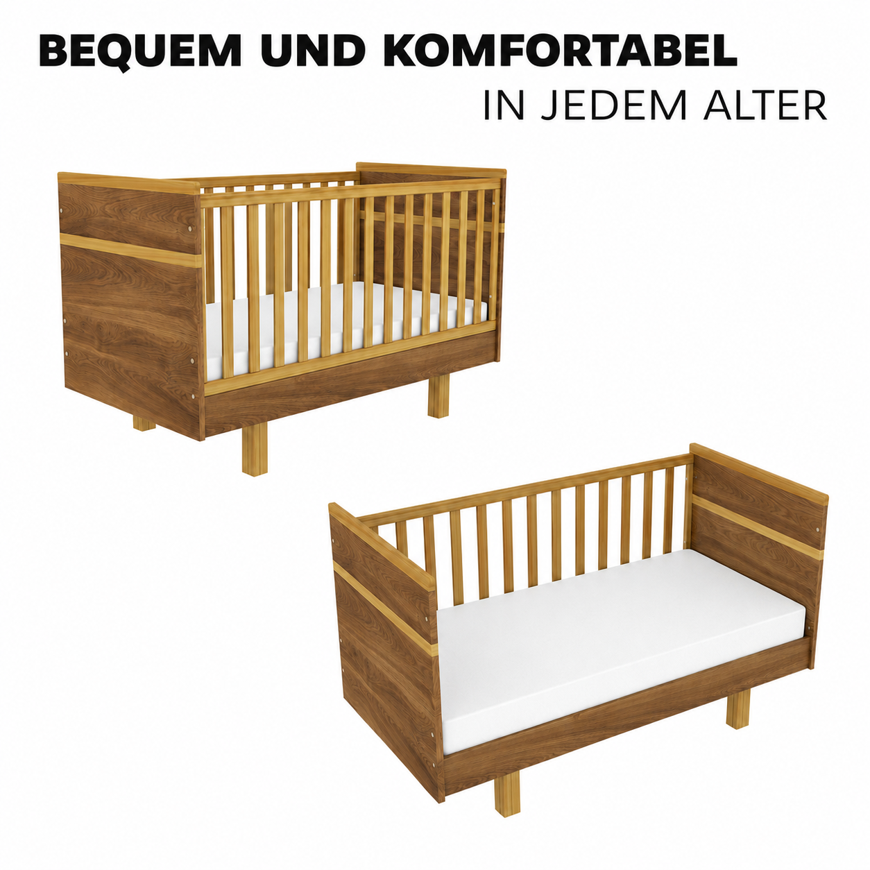 Mitwachsendes VILHA Babybett 70x140 Eiche Castello – vom Babybett zum offenen Kinderbett mit Rausfallschutz