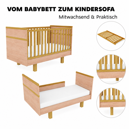 Mitwachsendes VILHA Babybett 70x140 in Eiche Kraft – vom Gitterbett zum offenen Kinderbett mit Rausfallschutz umbaubar