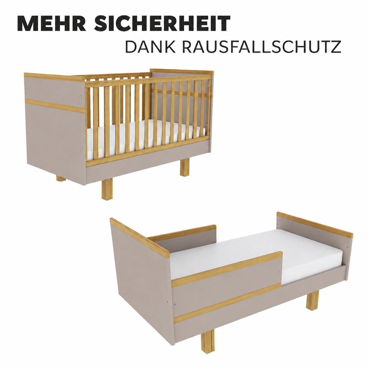 Mitwachsendes VILHA Babybett 70x140 in Lehmgrau mit Rausfallschutz für den Umbau vom Gitterbett zum offenen Kinderbett