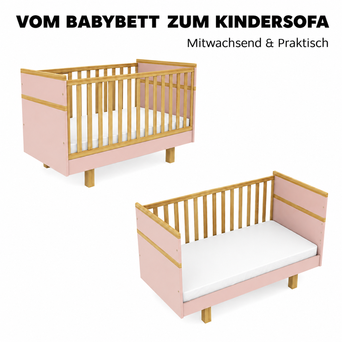 Mitwachsendes VILHA Babybett 70x140 in Puderrosa – vom Gitterbett zum offenen Kinderbett und Kindersofa umbaubar