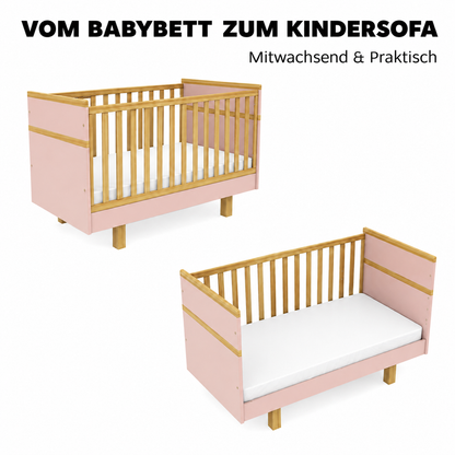 Mitwachsendes VILHA Babybett 70x140 in Puderrosa – vom Gitterbett zum offenen Kinderbett und Kindersofa umbaubar
