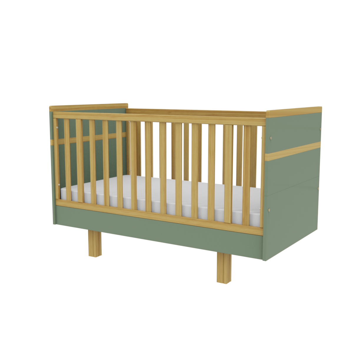 Mitwachsendes VILHA Babybett 70x140 in Rauchgrün und Naturholz