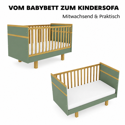 Mitwachsendes VILHA Babybett Rauchgrün vom geschlossenen Babybett zum offenen Kinderbett umbaubar