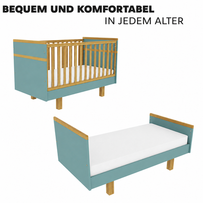 Mitwachsendes VILHA Babybett in Dämmerblau – geschlossenes Babybett und offene Kinderbett-Variante für längere Nutzung