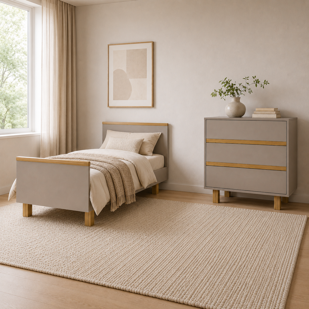 Mitwachsendes VILHA Kinderzimmer Set in Lehmgrau mit Kinderbett 70x140 und Kommode ohne Wickelaufsatz in Naturholz-Optik