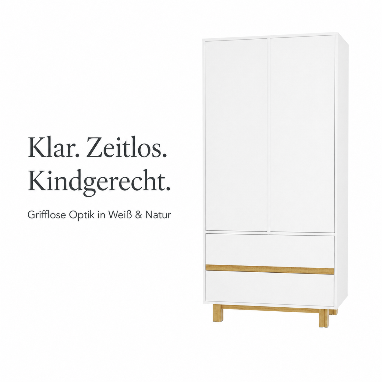 Moderner Kinderkleiderschrank 2-türig in Weiß Natur mit grifflosen Fronten und zwei Schubladen
