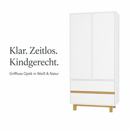 Moderner Kinderkleiderschrank 2-türig in Weiß Natur mit grifflosen Fronten und zwei Schubladen