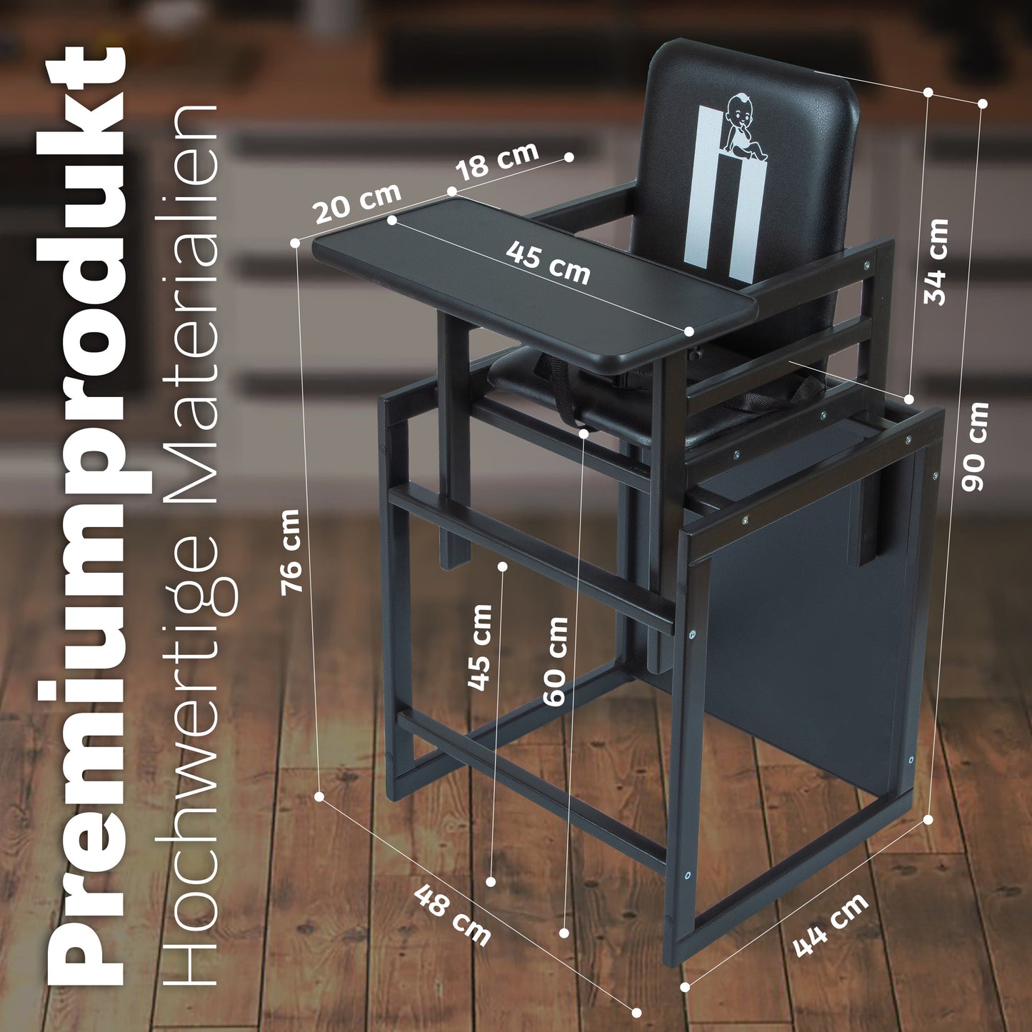 Kombi-Hochstuhl Schwarz, 2-in-1 Babyhochstuhl aus Holz