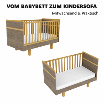 VILHA Babybett 70x140 Dunkelhickory umbaubar vom Gitterbett zum offenen Kinderbett mit Naturholzstäben