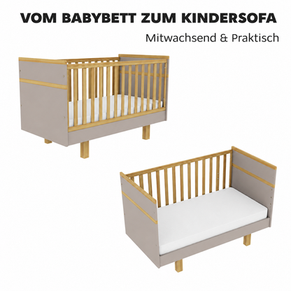 VILHA Babybett 70x140 Lehmgrau als Gitterbett und umgebautes Kindersofa – mitwachsendes Kinderbett mit Naturholzdetails
