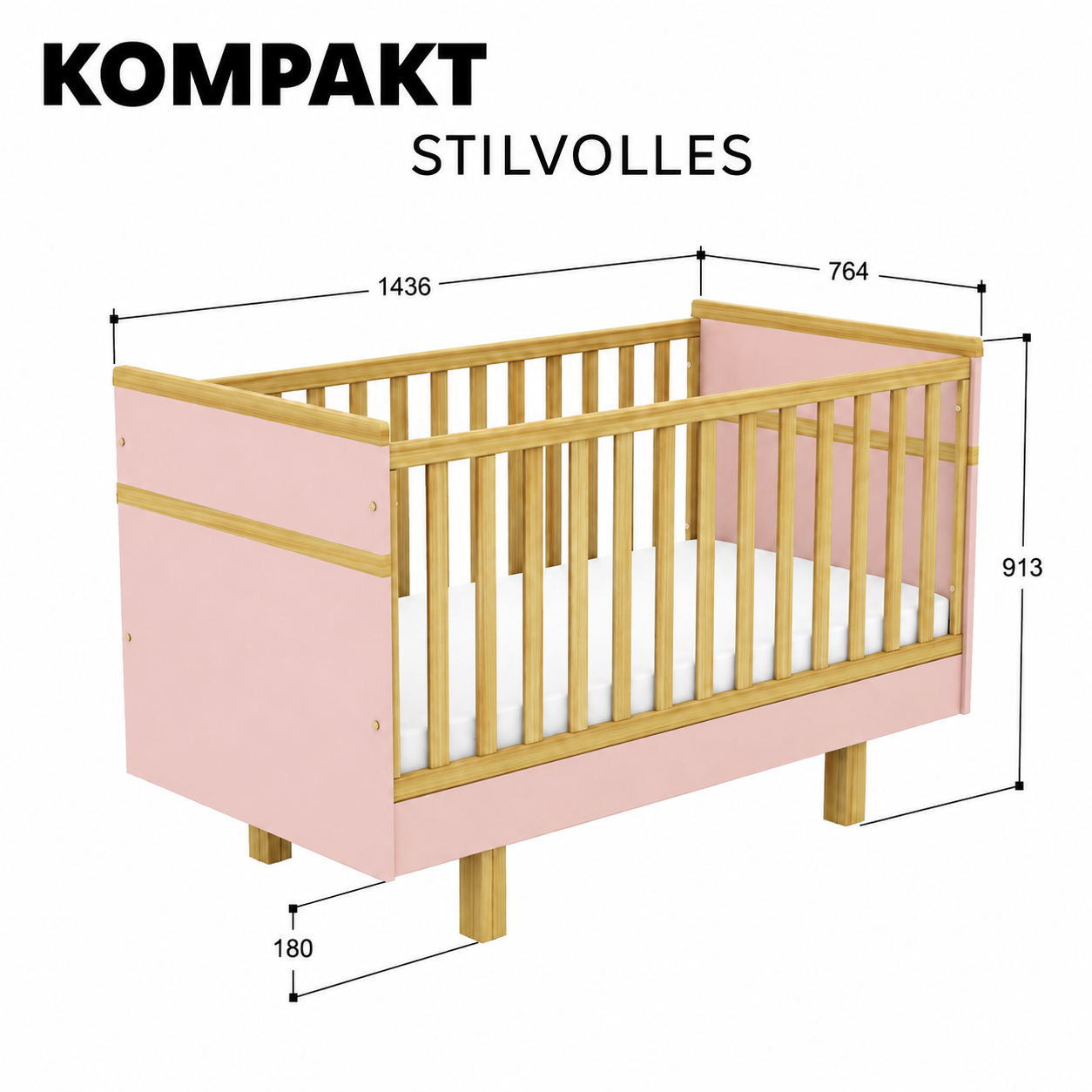 VILHA Babybett 70x140 Puderrosa mit Naturholz – Außenmaß 143,6 × 76,4 × 91,3 cm und 18 cm Bodenfreiheit