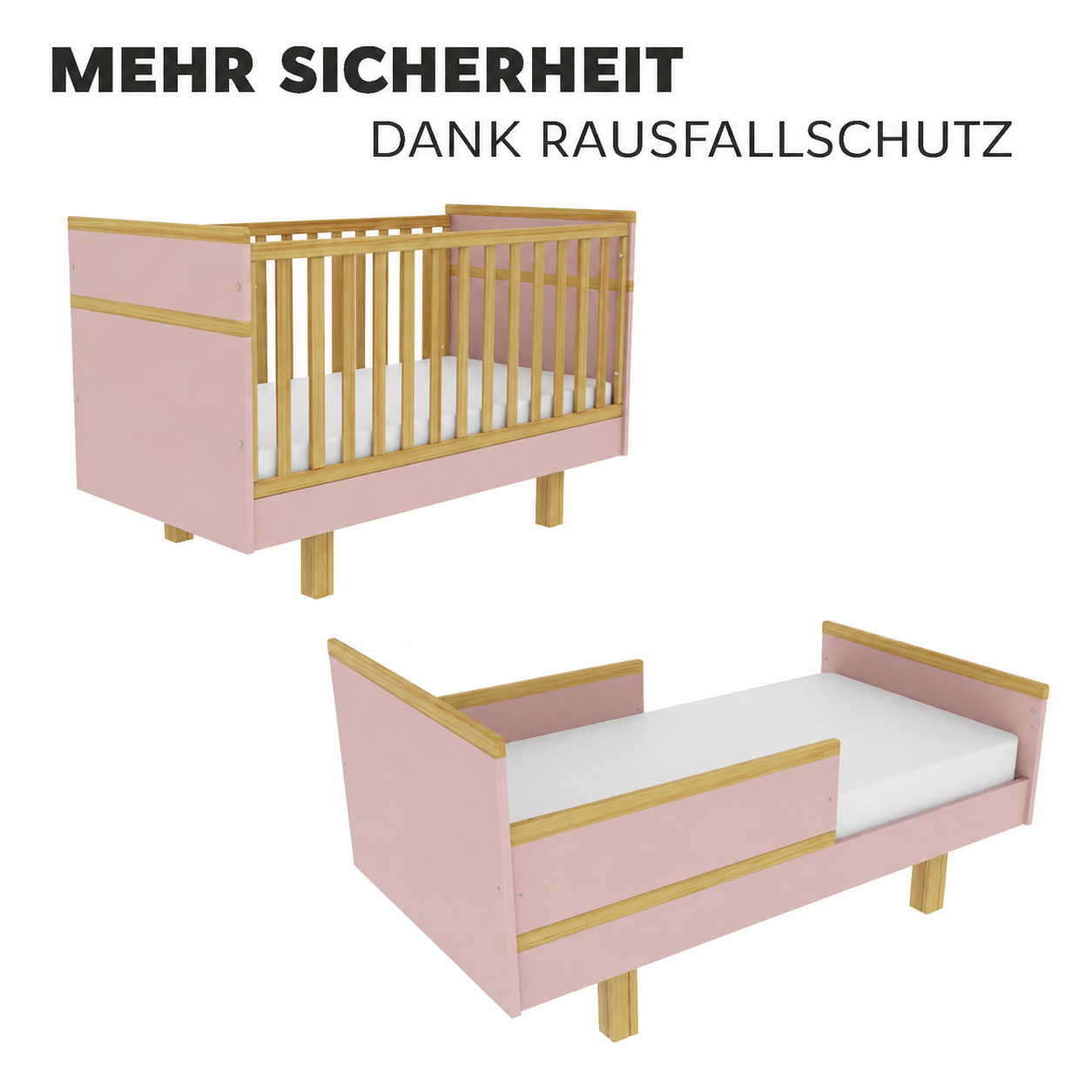 VILHA Babybett 70x140 Puderrosa umbaubar zum Kinderbett mit Rausfallschutz und Naturholz-Elementen