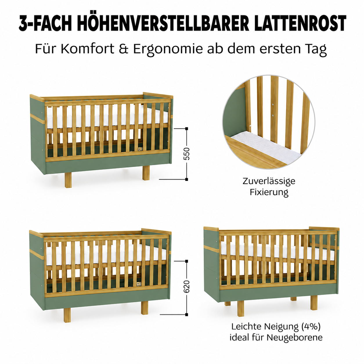 VILHA Babybett 70x140 Rauchgrün mit 3-fach höhenverstellbarem Lattenrost und leichter Neigungsposition