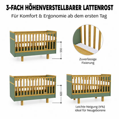 VILHA Babybett 70x140 Rauchgrün mit 3-fach höhenverstellbarem Lattenrost und leichter Neigungsposition