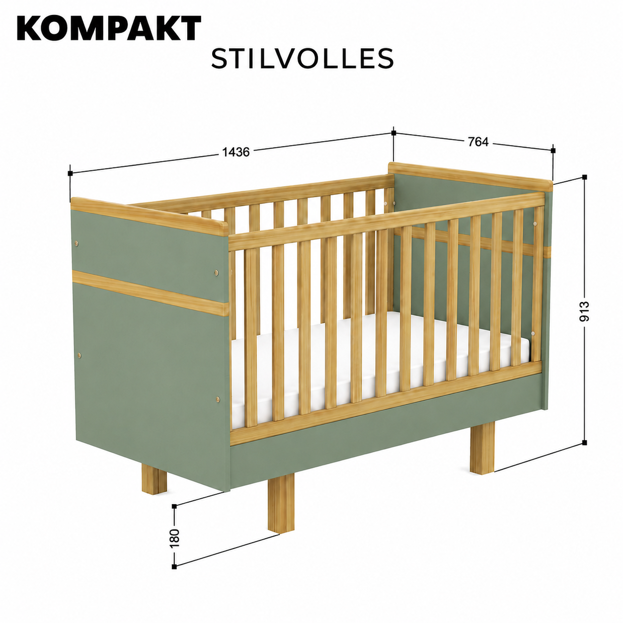 VILHA Babybett 70x140 Rauchgrün mit Naturholz und Außenmaßen 1436 x 764 x 913 mm