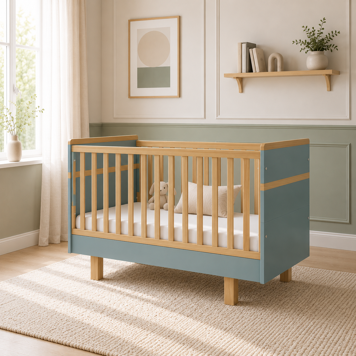 VILHA Babybett 70x140 cm Dämmerblau Natur – mitwachsendes Babybett aus Holz