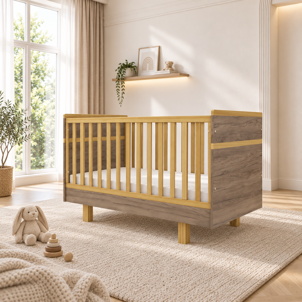 VILHA Babybett 70x140 cm Dunkelhickory Natur – mitwachsendes Holzbett für Babyzimmer