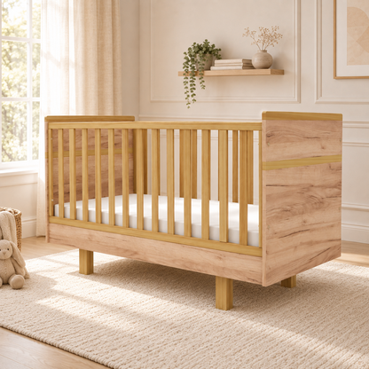 VILHA Babybett 70x140 cm Eiche Kraft Gold – mitwachsendes Babybett aus Holz