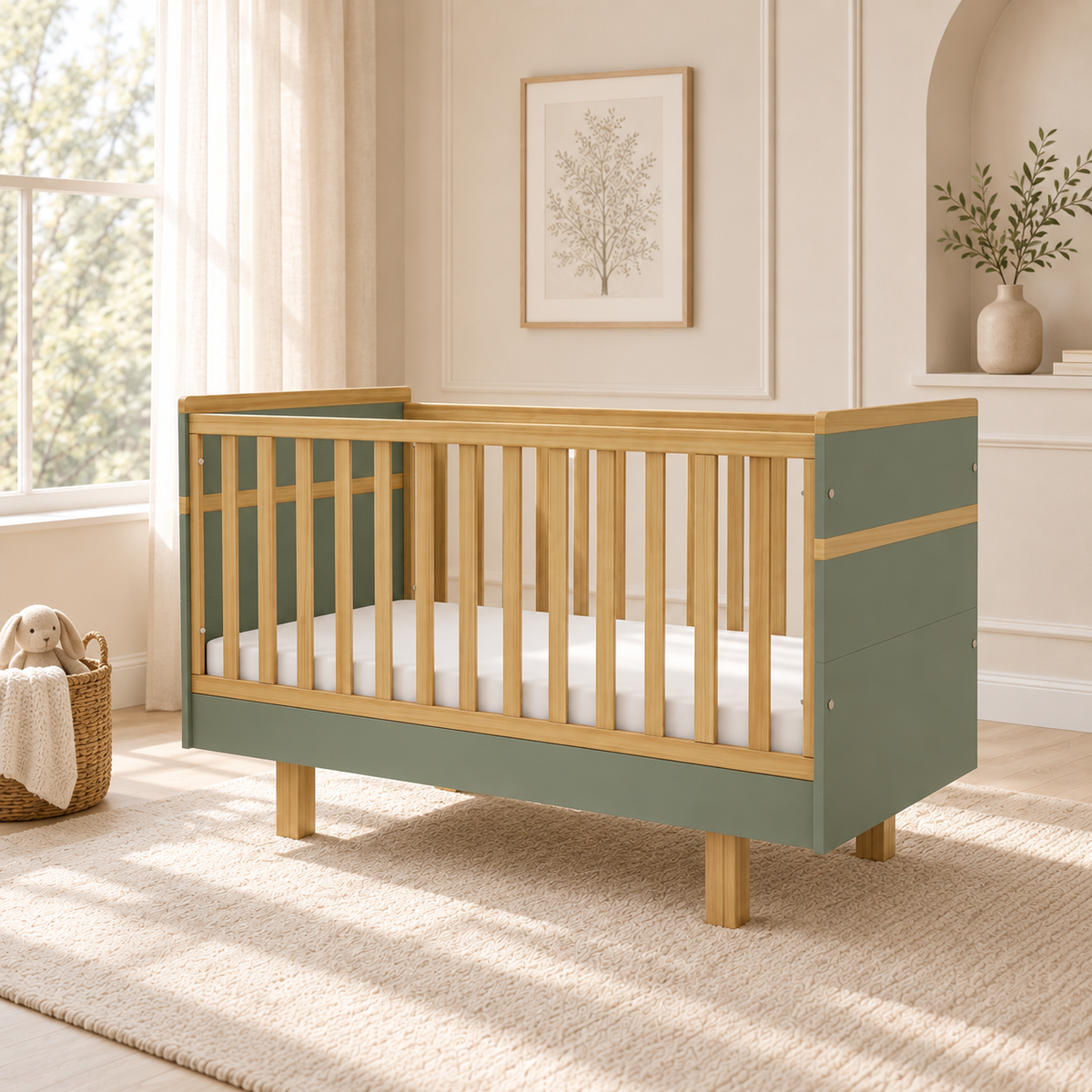 VILHA Babybett 70x140 cm Rauchgrün Natur – mitwachsendes Holzbett für das Babyzimmer