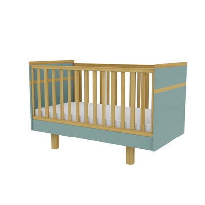 VILHA Babybett 70x140 in Dämmerblau und Naturholz – modernes mitwachsendes Babybett mit Gitterseiten und Holzfüßen