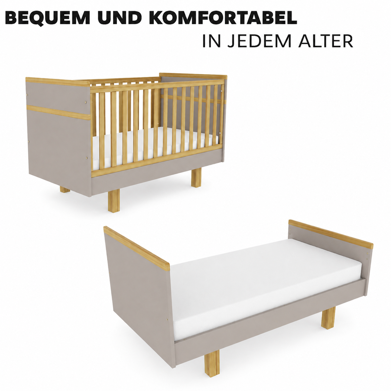 VILHA Babybett 70x140 in Lehmgrau als geschlossenes Gitterbett und später als offenes Kinderbett für langfristige Nutzung