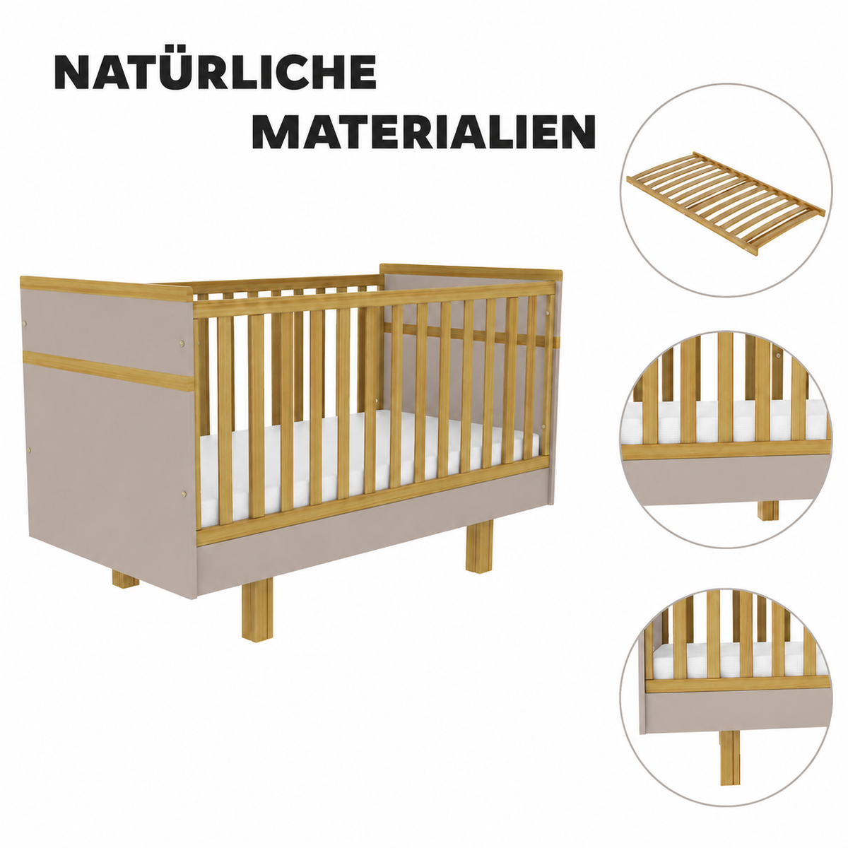 VILHA Babybett 70x140 in Lehmgrau mit Gitterstäben, Lattenrost und Details aus massivem Erlenholz für ein natürliches Babyzimmer