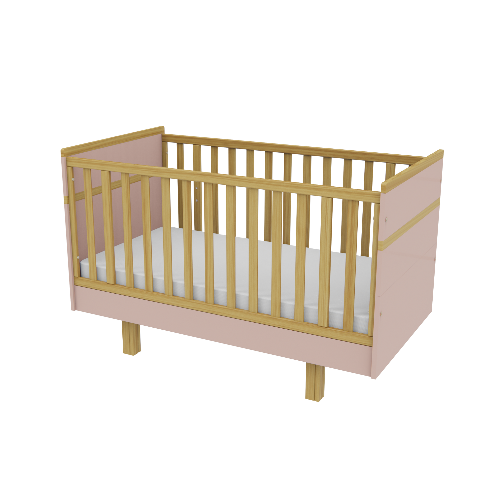 VILHA Babybett 70x140 in Puderrosa mit Naturholz-Gitterstäben, höhenverstellbarem Lattenrost und Massivholzfüßen