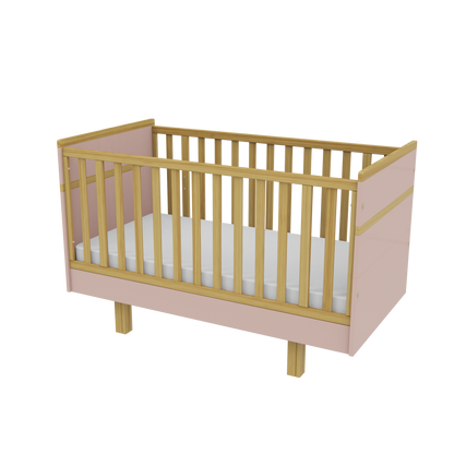 VILHA Babybett 70x140 in Puderrosa mit Naturholz-Gitterstäben, höhenverstellbarem Lattenrost und Massivholzfüßen