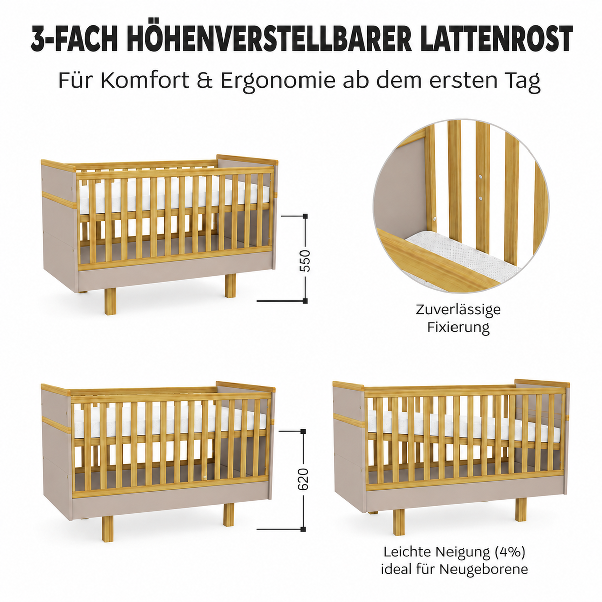 VILHA Babybett 70x140 mit 3-fach höhenverstellbarem Lattenrost in Lehmgrau und Naturholz für verschiedene Entwicklungsphasen