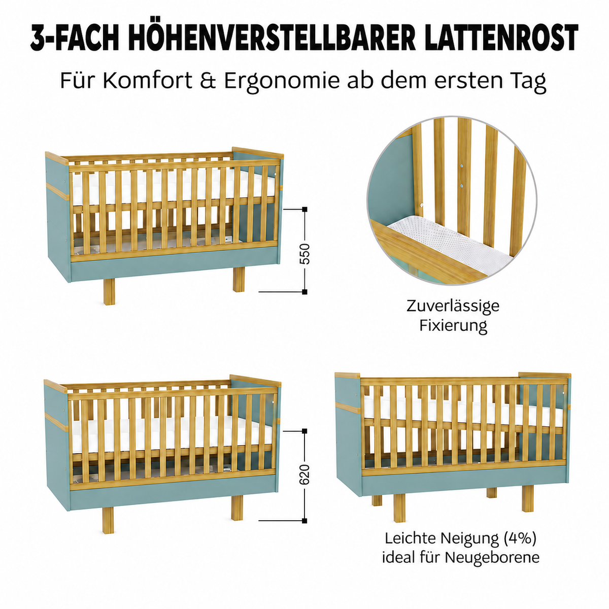 VILHA Babybett 70x140 mit 3-fach höhenverstellbarem Lattenrost, stabiler Fixierung und zusätzlicher Neigungsposition