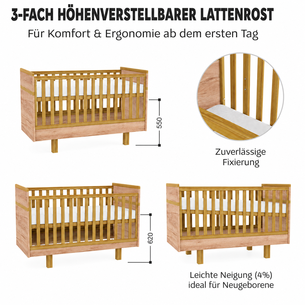 VILHA Babybett 70x140 mit 3-fach höhenverstellbarem Lattenrost und zusätzlicher Neigungsoption der Liegefläche