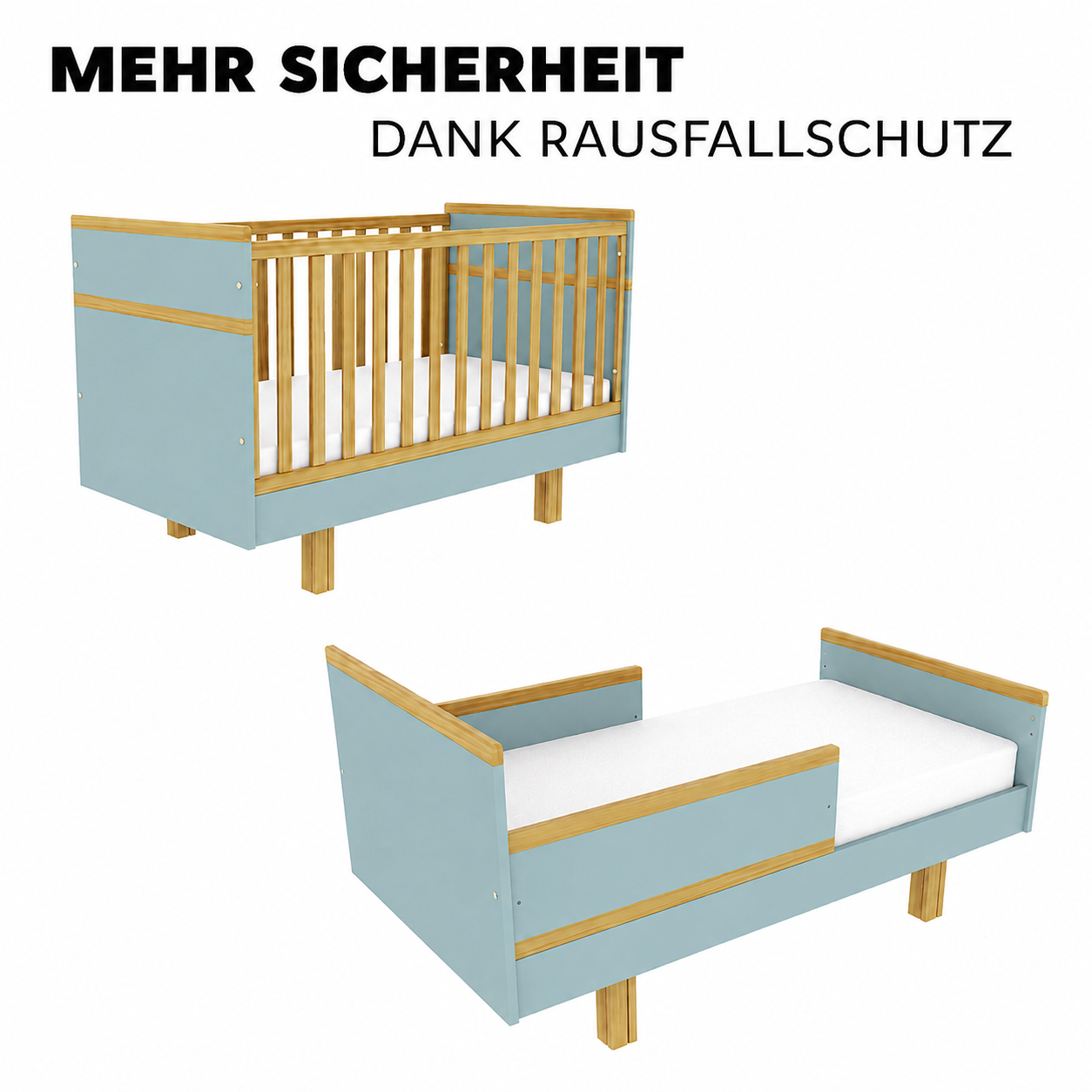 VILHA Babybett 70x140 mit Rausfallschutz – mitwachsender Umbau zum offenen Kinderbett in Dämmerblau und Naturholz