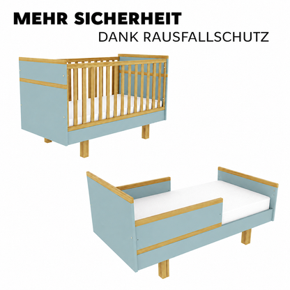 VILHA Babybett 70x140 mit Rausfallschutz – mitwachsender Umbau zum offenen Kinderbett in Dämmerblau und Naturholz
